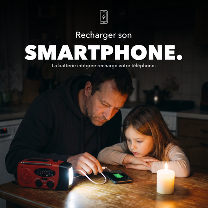 Emergency radio charging a smartphone