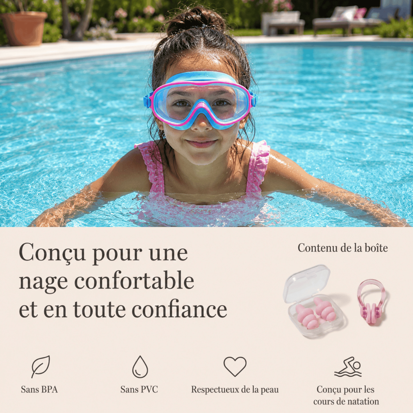AquaClip™ - Lunette de piscine. Clip arrière, zéro cheveux tiré
